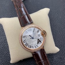 Ballon Bleu De Cartier 36mm RG Double Diamond Bezel White Dial Brown Leather Strap AF A2824