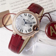 Ballon Bleu De Cartier 33mm RG Diamond Bezel White Dial Red Leather Strap AF NH05A