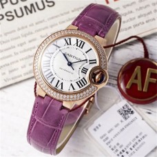 Ballon Bleu De Cartier 33mm RG Double Diamond Bezel White Dial Purple Leather Strap AF NH05A