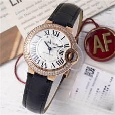 Ballon Bleu De Cartier 33mm RG Double Diamond Bezel White Dial Black Leather Strap AF NH05A