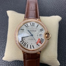 Ballon Bleu De Cartier 42mm RG Double Diamond Bezel White Dial Brown Leather Strap AF A2824