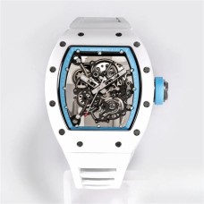 RM055 White Ceramic Skeleton Dial Blue Crown White Rubber Strap BBRF RMUL2