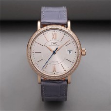 IWC Portofino 37mm Ladies Diamond Bezel RG Silver Dial Light Blue Leather Strap V7F A2892