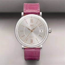 IWC Portofino 37mm Ladies Diamond Bezel Silver Dial Red Leather Strap V7F A2892