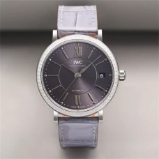 IWC Portofino 37mm Ladies Diamond Bezel Grey Dial Leather Strap V7F A2892