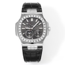 Nautilus 5724 40mm Diamond Bezel Grey Dial Black Leather Strap GRF A240SC