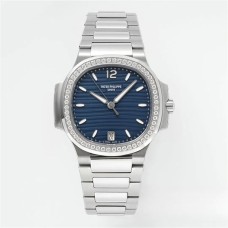 Nautilus 7118 35.2mm Ladies Diamond Bezel Blue Dial SS Bracelet PPF A324SC