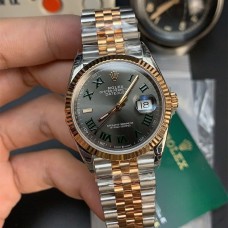 DateJust 36mm Wimbledon Fluted Bezel Grey Dial Green Roma Marker RG/SS Jubilee Bracelet VSF VS3235